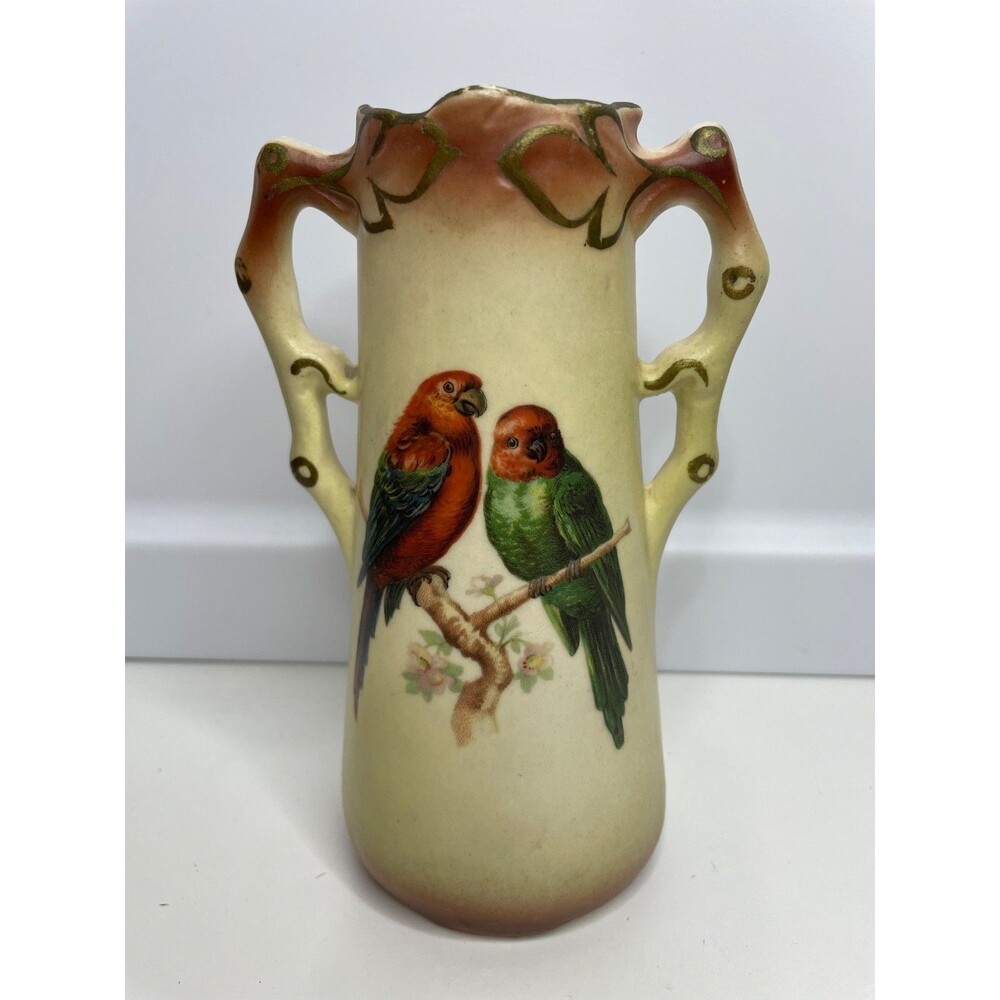 Vintage Art Deco Czech Porcelain two handles Vase two parrots love Birds